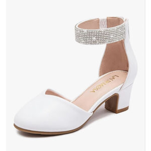 NEW Girls White Rhinestone Ankle Strap Closed Toe Heel 2